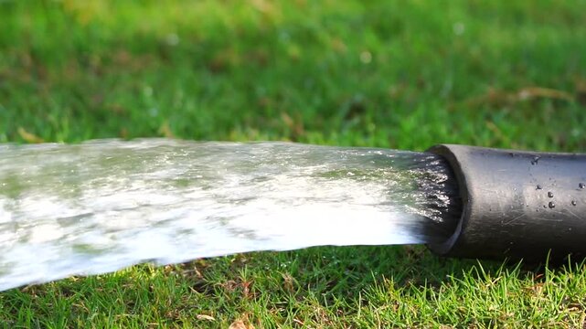 Water flowing from a hose onto lush green grass in native habitat range slow-motion