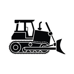 Simple black silhouette illustration of a construction bulldozer machine © pintu