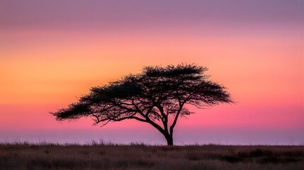 Obraz premium Silhouette of an acacia tree against a vibrant pink and orange sunset sky in the African savanna.