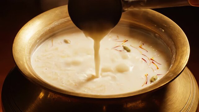 Creamy Rice Pudding With Saffron Cardamom In A Traditional Brass Pot Stirred By Hand