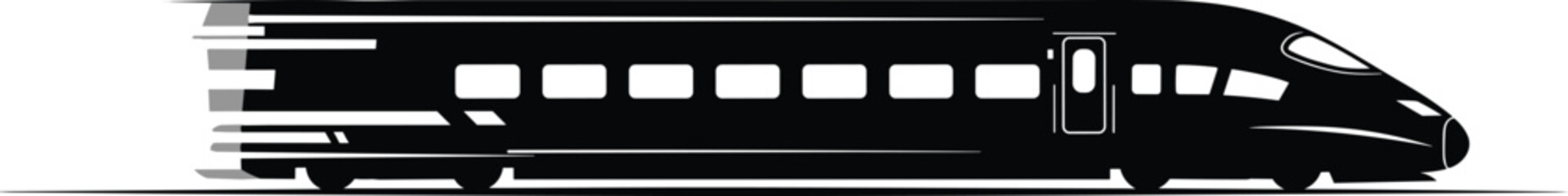 Black silhouette vector illustration of modern bullet train in motion with aerodynamic design and speed lines emphasizing rapid transit © MDMuradul