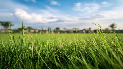 Obraz premium Lush Green Grass Field Under a Bright Blue Sky with Distant Horizon.