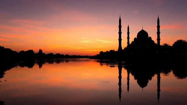 Serene sunset reflecting on the water, with the silhouette of a majestic monument against a vibrant orange sky