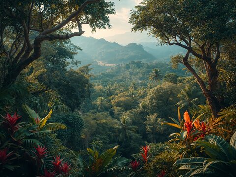 Tropical rainforest with vibrant orange bromeliads and exotic foliage. Lush jungle landscape features a dense canopy stretching across a vast wilderness valley.