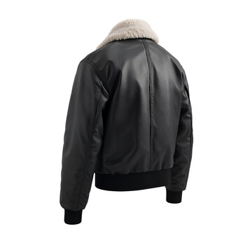 Black leather bomber jacket with fur collar, back view, isolated on white background