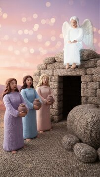 Knitted angel and three women with pots near empty tomb. Easter biblical scene concept for Christian religious holiday.
