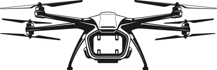 Obraz premium Black silhouette vector illustration of modern hexacopter drone with six rotors and landing gear for advanced aviation technology