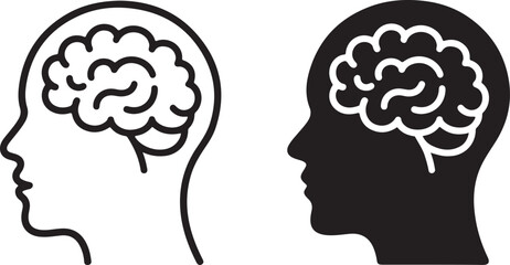 Two human head silhouettes with brains visible inside profile view