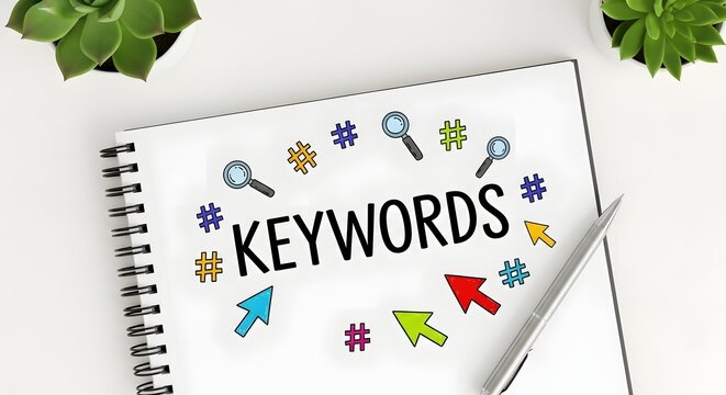 A notebook with the word keywords written on it