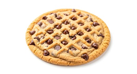 A delicious chocolate chip cookie with a criss-cross pattern on top isolated on white background