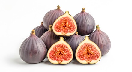 A close-up view of fresh figs showcasing their vibrant interior and unique texture isolated on white background