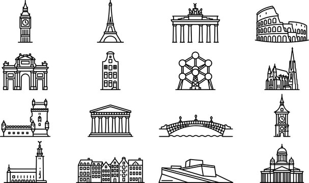 European Capital City Landmarks Line Art Icon Set