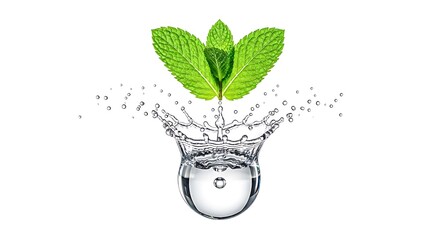 A refreshing drop of water with a mint leaf floating on top isolated on white background