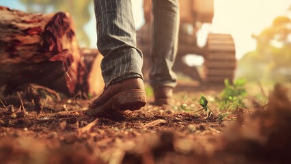 A low angle view of a person in sturdy work boots walking on damp earth with cut logs and heavy machinery conveying logging environmental impact.