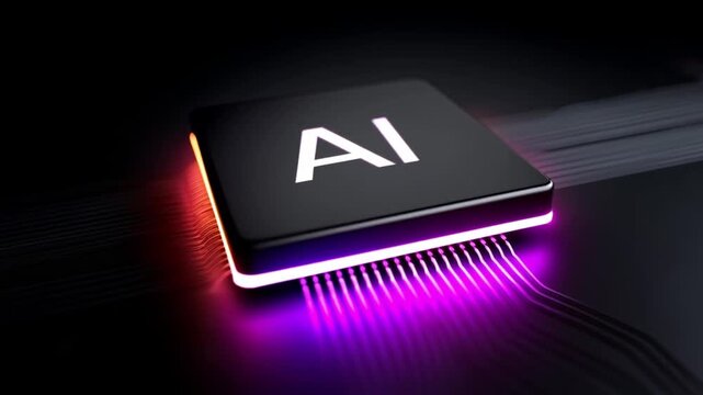 Neuromorphic chip glowing purple light in dark background with futuristic technology and electronic circuit design concept