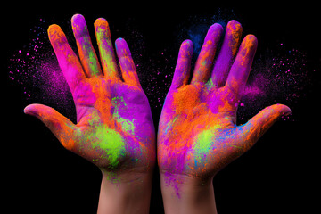 Obraz premium Hands covered with colorful holi powder exploding in mid air isolated on black background for festival celebration banners, spring greeting cards, event posters or vibrant advertising design