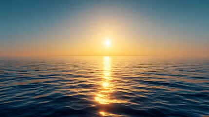 Fototapeta premium Golden Sunset Over Calm Ocean Waters with Reflective Sunlight.