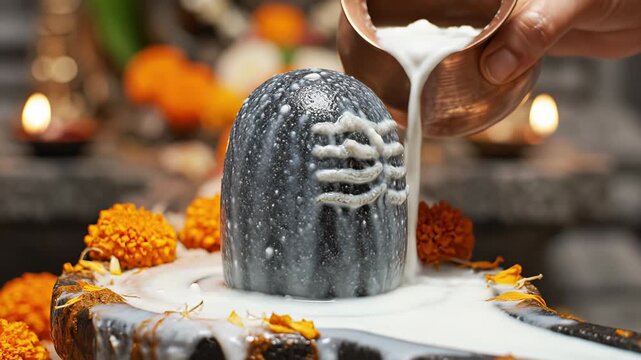 Religious Offering Of Milk To A Shiva Lingam Decorated With Marigold Flowers And Incense In Soft Lit Background