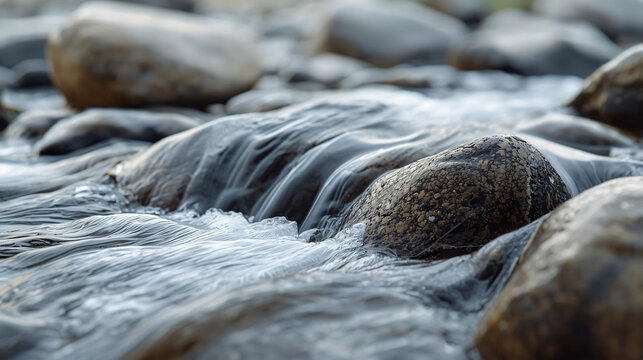 Close-up of flowing water over textured river rocks, capturing the movement and natural beauty of a stream
