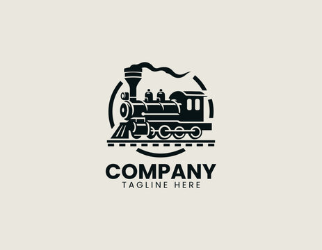 Vintage steam locomotive train with chimney and wheels black vector logo illustration white background