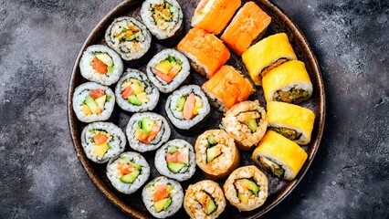 A delicious and vibrant platter of assorted sushi rolls including classic maki and creative inside out rolls with salmon avocado mango and cucumber showcasing fresh colors.