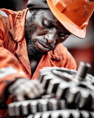 A focused industrial worker wearing an orange helmet and uniform closely inspects mechanical gears.