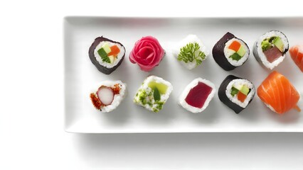 A visually appealing assortment of fresh sushi rolls and nigiri including salmon tuna octopus and vibrant vegetables elegantly presented with pickled ginger on white plate.