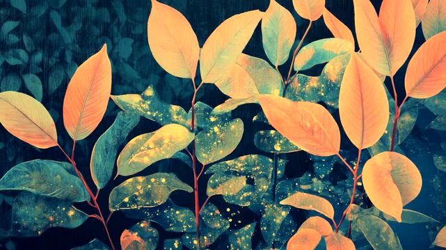 Close-up of vibrant autumn leaves in warm golden and orange hues against a dark background.