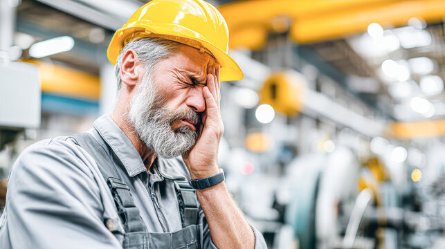 An older male factory worker wearing a yellow hard hat holds his face in pain, appearing stressed or fatigued in an industrial setting.