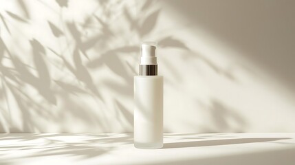 White cosmetic bottle with pump dispenser on a light surface with leaf shadows in the background