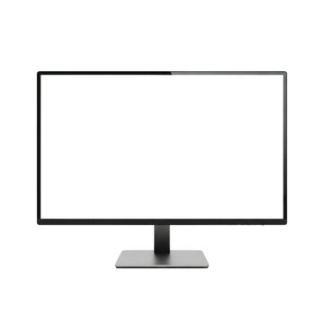 Modern flat screen monitor with a sleek black frame and a sturdy stand isolated on white background	
