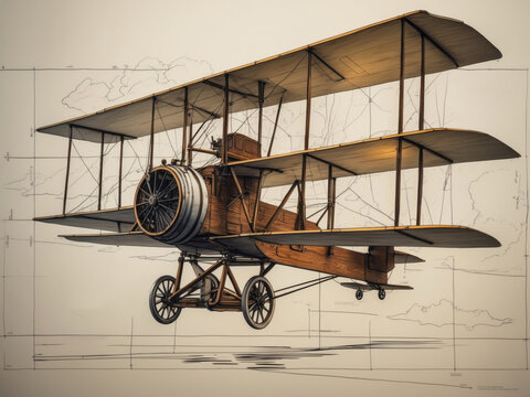 Vintage triplane technical drawing with wooden textures and intricate engineering details. 