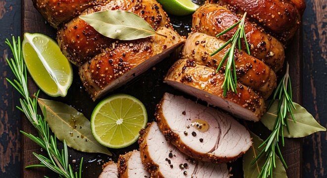 Sliced Meatloaf with Herbs and Lime Garnish.