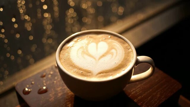 Close up of cappuccino with heart swirling in foam on wood surface in cafe or Close up of latte art heart in cup sitting in dimly lit setting