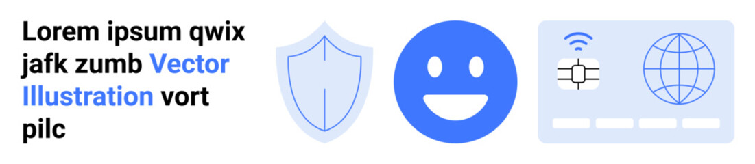 Fototapeta premium Cybersecurity, online communication, data protection, identity verification, technology, internet security. A shield, happy face and network card symbol. Cybersecurity and online communication