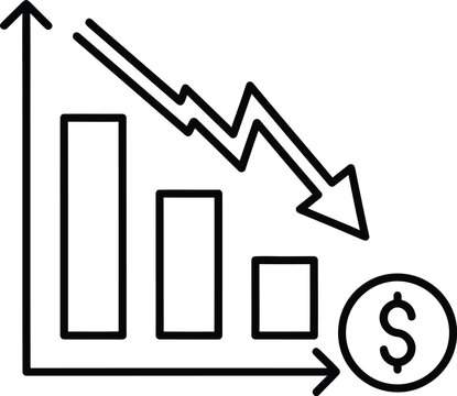 Black outline bar chart with downward trend line and dollar coin graph decreasing arrow