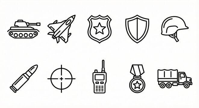 Military and Defense Line Icon Set &ndash; Army Equipment, Security and War Symbols Isolated
