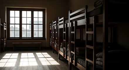 Dorm room with sunlight streaming through a window, illuminating wooden bunk beds