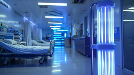 Obraz premium Hospital hallway glows with intense blue ultraviolet light from a sterilization lamp near patient beds.