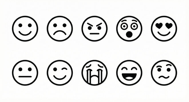 Minimal Emoji Faces Icon Set - Line Style Emotion and Reaction Symbols Isolated on White