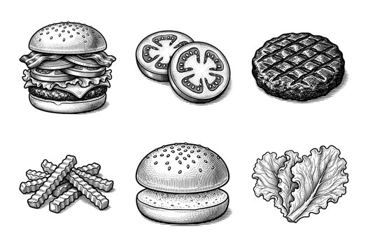 Vintage engraving style collection of burger ingredients and fast food elements featuring a cheeseburger crinkle cut fries beef patty sesame bun tomatoes and lettuce