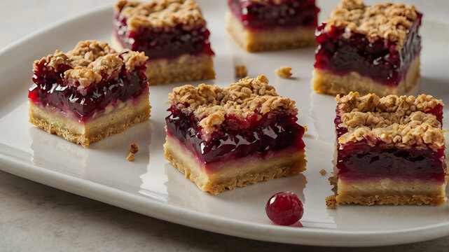 Fresh baked berry jam bars on white plate minimal composition