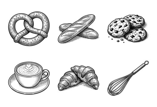 Bakery and cafe illustration collection featuring hand drawn vintage engraving style sketches of bread, pastries, coffee, and kitchen tools.