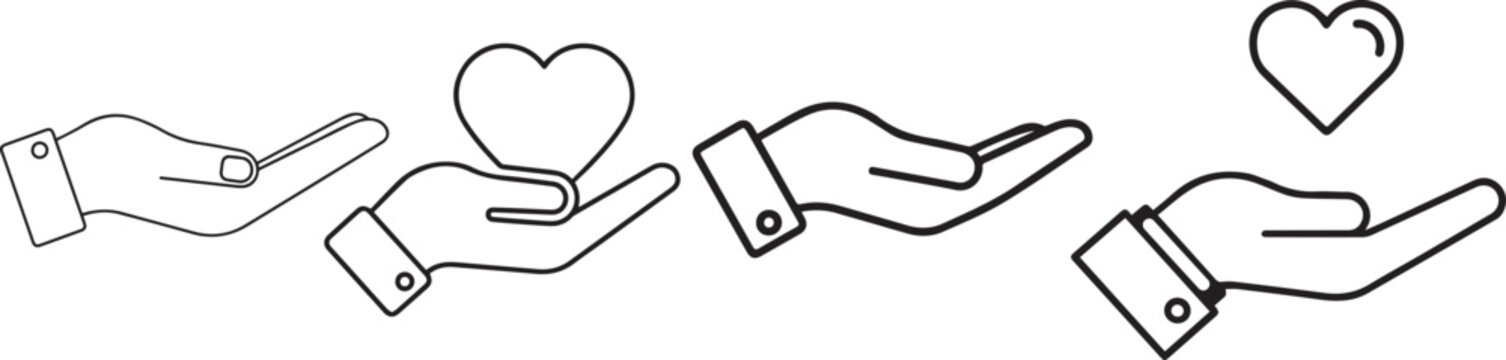 Black silhouette icon showing open hands presenting a heart, representing concepts of giving, care, health, philanthropy, and kindness; isolated vector symbol.