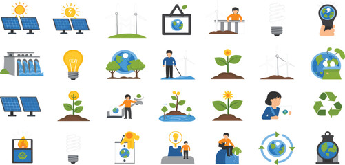 Fototapeta premium Renewable energy icon set with solar panels wind turbines hydropower dam eco light bulbs and people protecting earth for global sustainability