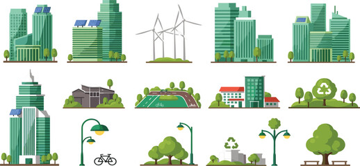 Green eco city set with sustainable skyscrapers wind turbines solar panels bicycle paths recycling icons and urban park elements © MST HASMOTARA