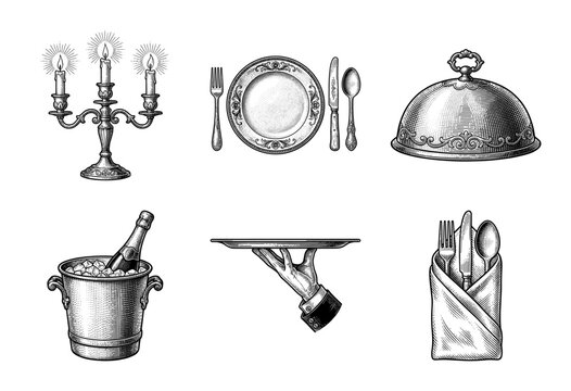 Vintage engraving illustration of fine dining restaurant icons featuring a candelabra, formal table setting, champagne bucket, and serving tray.