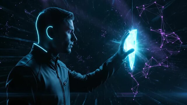 Man interacts with holographic crystal in dark cyber space. Man with neon headphones touches glowing hologram in futuristic digital space. Cyber network nodes float around man. Futuristic man