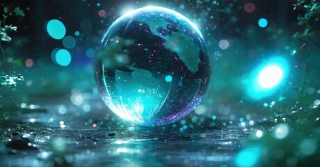 Obraz premium Glowing earth encased within transparent sphere. Dramatic lighting, dark background, vibrant colors create magical scene. Futuristic concept.