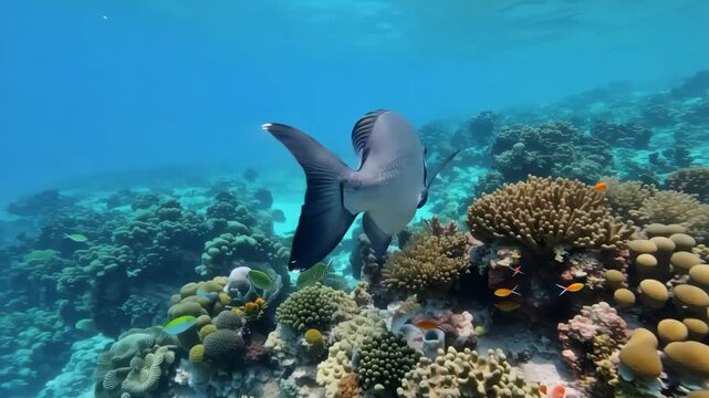 Majestic orbicular batfish swimming above a thriving coral reef,featuring vibrant tropical fish in clear blue waters,perfect for ocean conservation and marine life content
